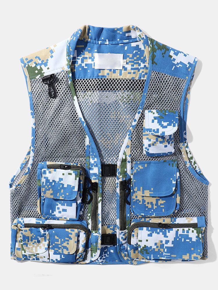 Herre Camouflage Print Mesh Patchwork Utility Zip Pocket Cargo Vester