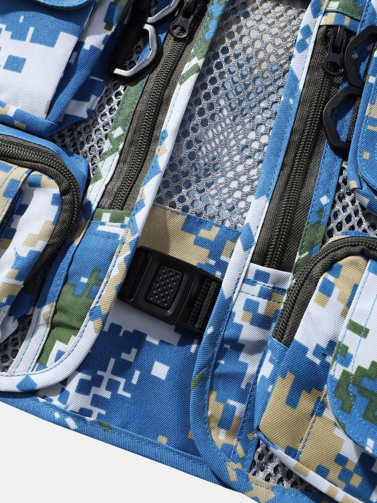 Herre Camouflage Print Mesh Patchwork Utility Zip Pocket Cargo Vester
