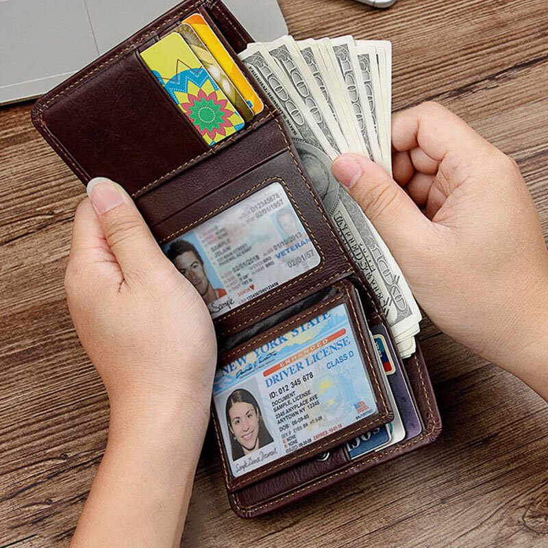 Menn Vintage Rfid Anti-magnetisk Kuskinn Lommebok Trifold Kort Multi-kort Spor Kortetui Førerkort Lommebok