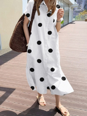 Cottagecore Polka Dot Pocket Lapel Kortermet Skjortekjole