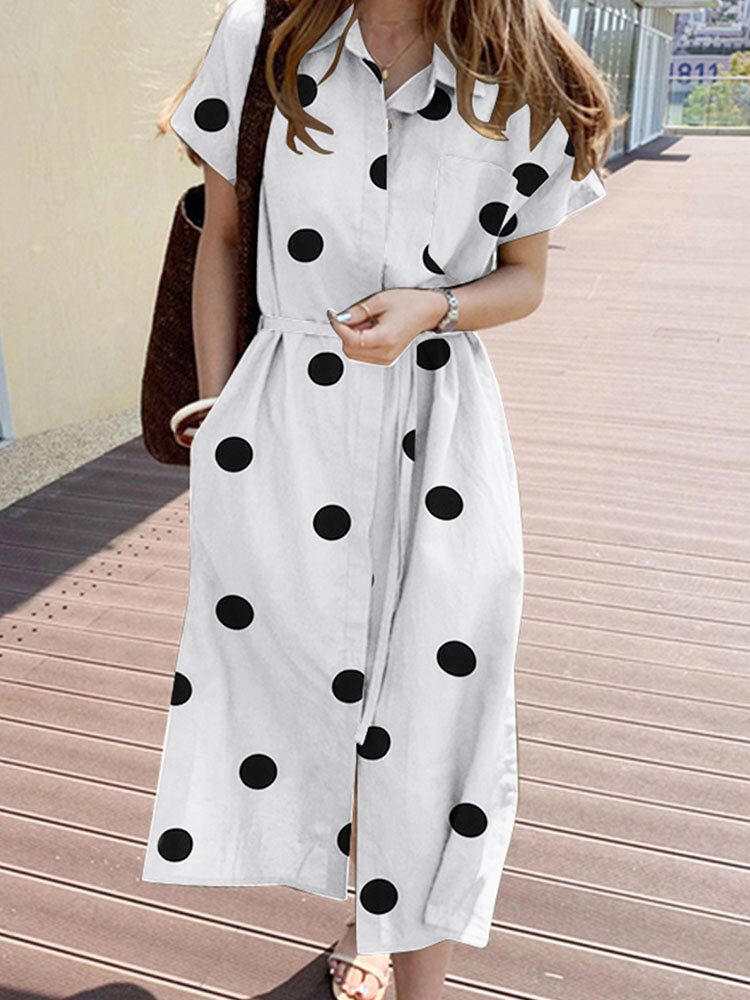 Cottagecore Polka Dot Pocket Lapel Kortermet Skjortekjole
