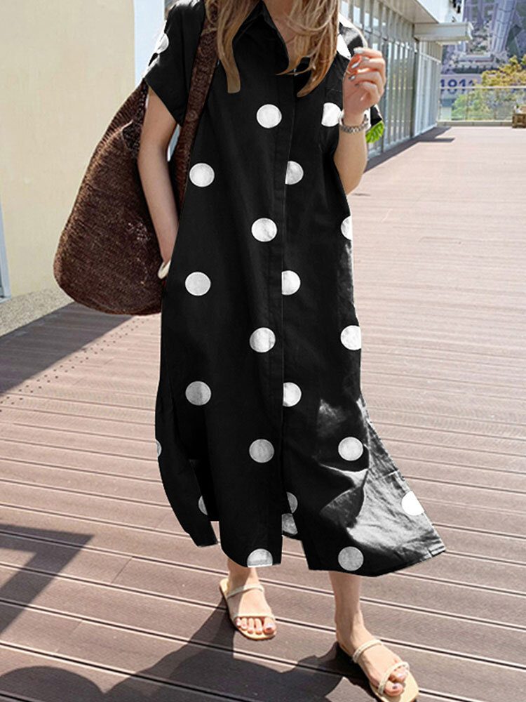 Cottagecore Polka Dot Pocket Lapel Kortermet Skjortekjole