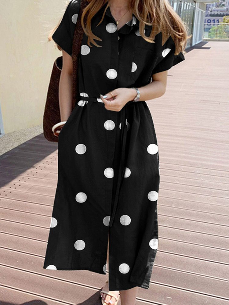 Cottagecore Polka Dot Pocket Lapel Kortermet Skjortekjole