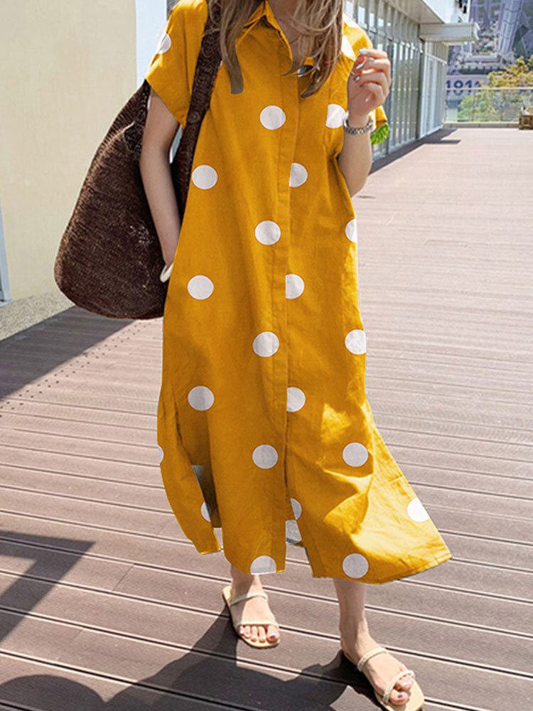 Cottagecore Polka Dot Pocket Lapel Kortermet Skjortekjole