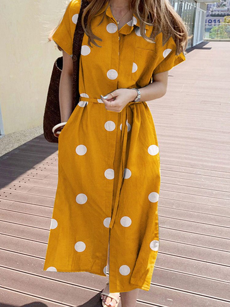 Cottagecore Polka Dot Pocket Lapel Kortermet Skjortekjole