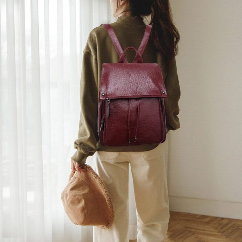 Kvinner Kunstskinn Vintage Ryggsekk Med Stor Kapasitet Slitesterk Casual Rubbing Color Bag