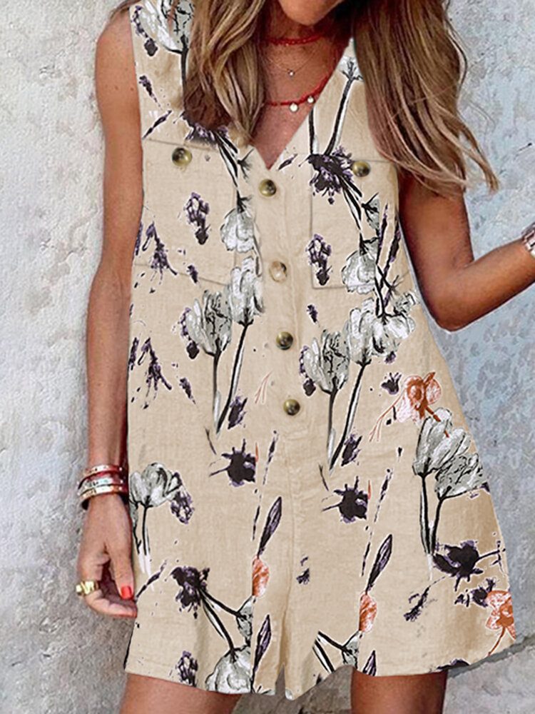 Plant Print Button Pocket V-hals Ermeløs Romper