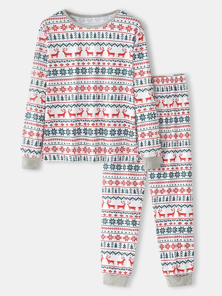 Herre Allover Elk Snowflake Print Jule Joggerbukser Med Rund Hals Løs Hjemmepysjamassett