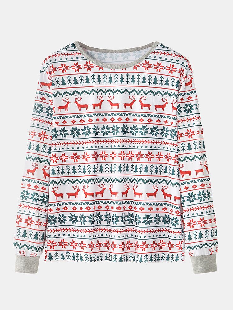 Herre Allover Elk Snowflake Print Jule Joggerbukser Med Rund Hals Løs Hjemmepysjamassett