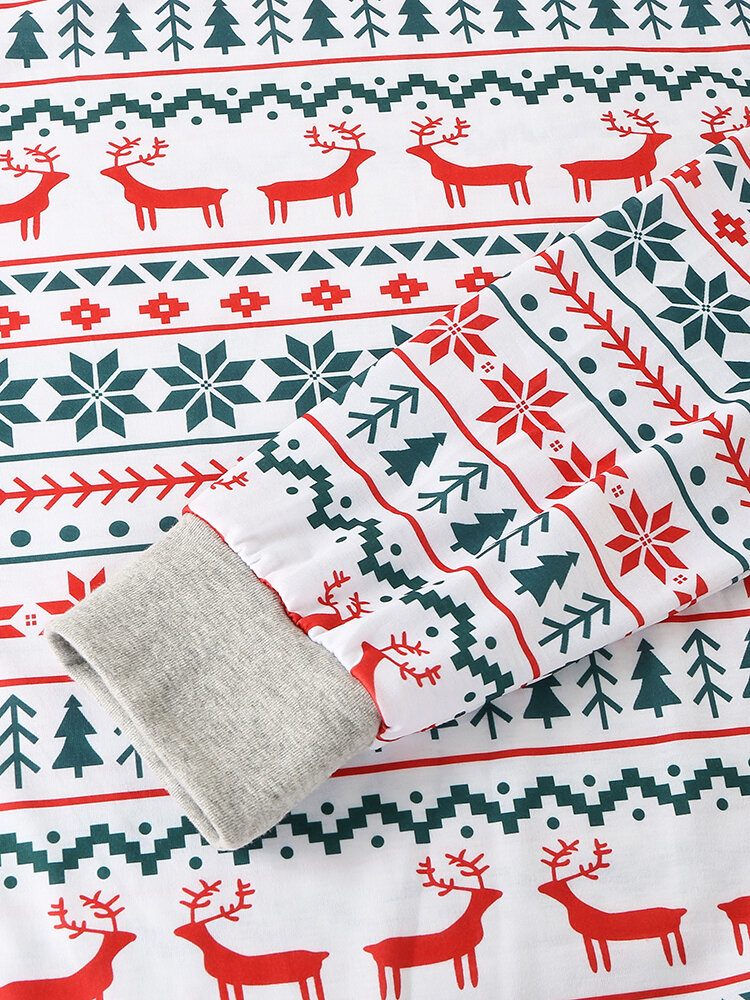 Herre Allover Elk Snowflake Print Jule Joggerbukser Med Rund Hals Løs Hjemmepysjamassett