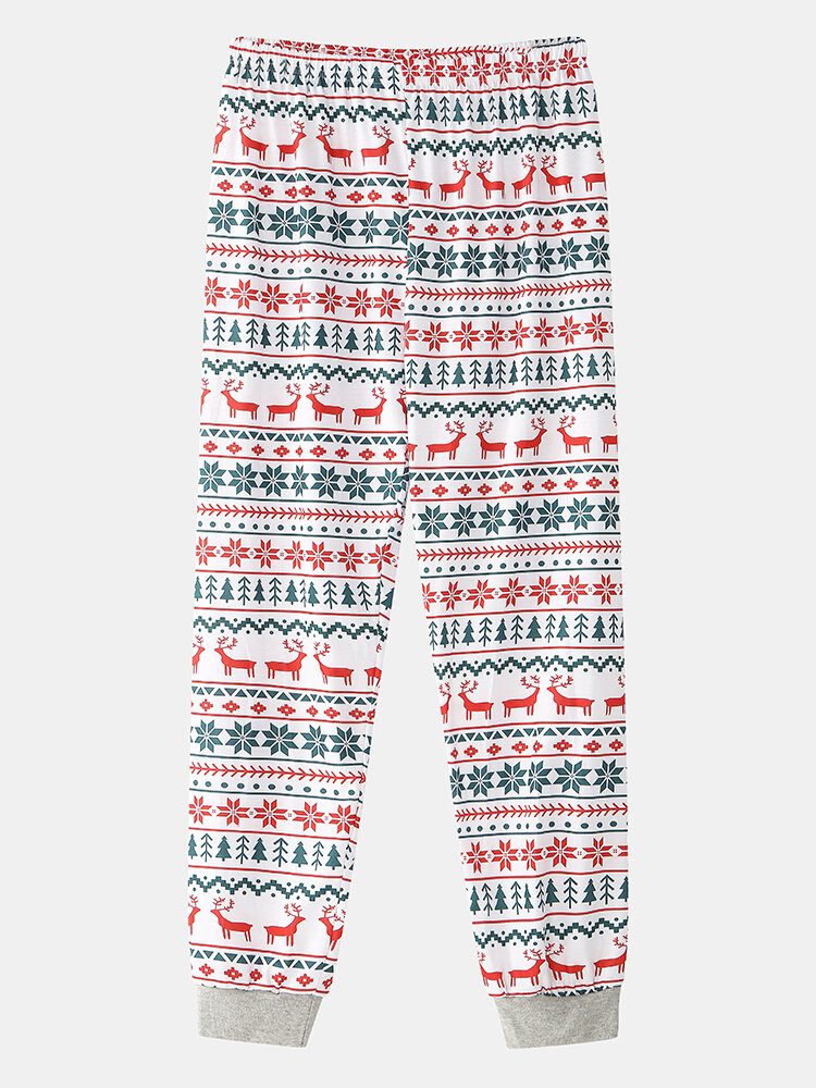 Herre Allover Elk Snowflake Print Jule Joggerbukser Med Rund Hals Løs Hjemmepysjamassett