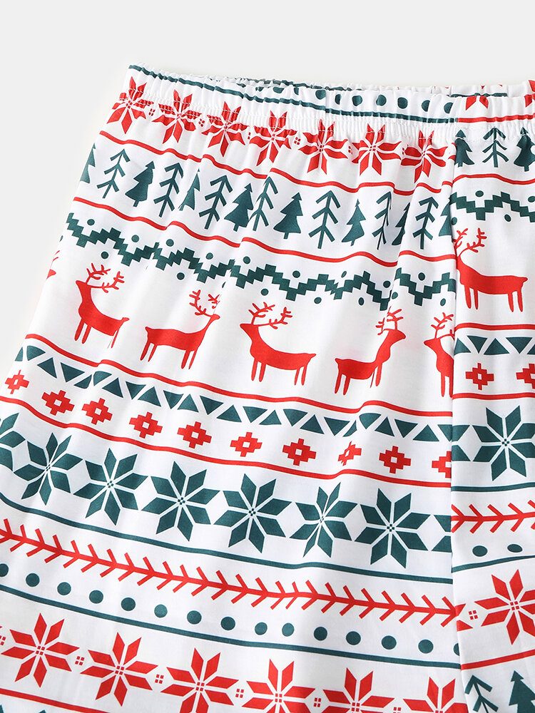 Herre Allover Elk Snowflake Print Jule Joggerbukser Med Rund Hals Løs Hjemmepysjamassett