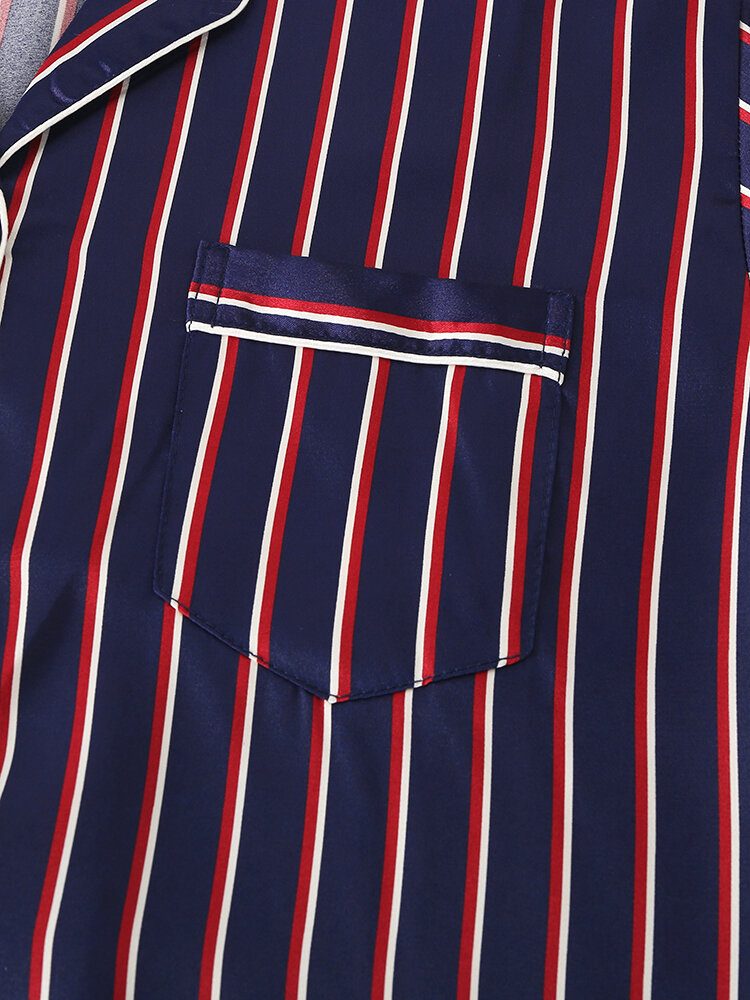 Stripe Camp Krage Lomme Langermet Elastisk Midje Faux Silk Home Pysjamassett For Kvinner