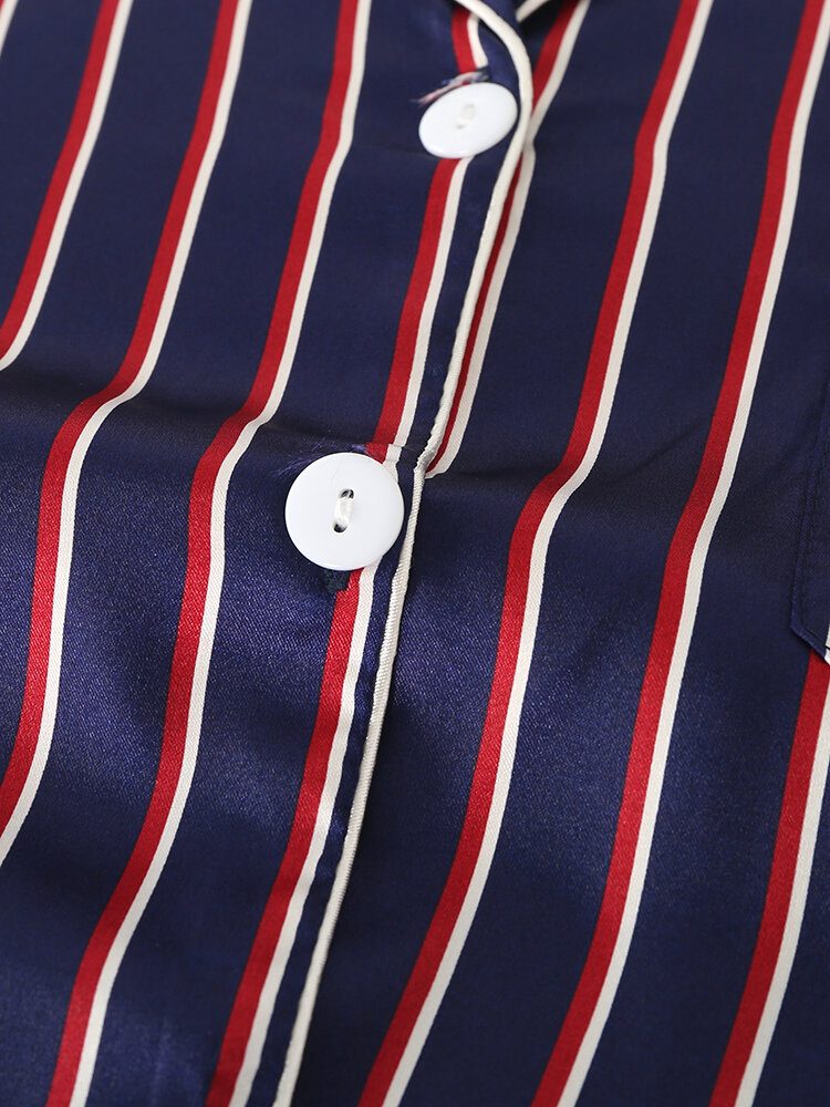 Stripe Camp Krage Lomme Langermet Elastisk Midje Faux Silk Home Pysjamassett For Kvinner