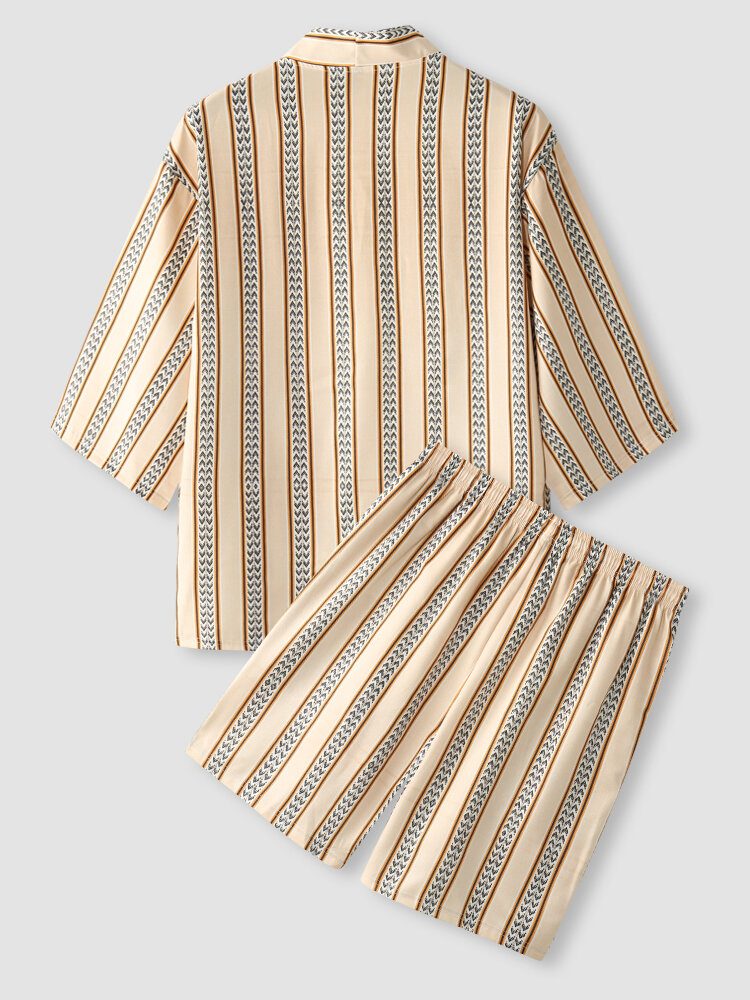 Stripete Trykk For Menn Åpent Foran 3/4-ermet Kimono-todelt Antrekk
