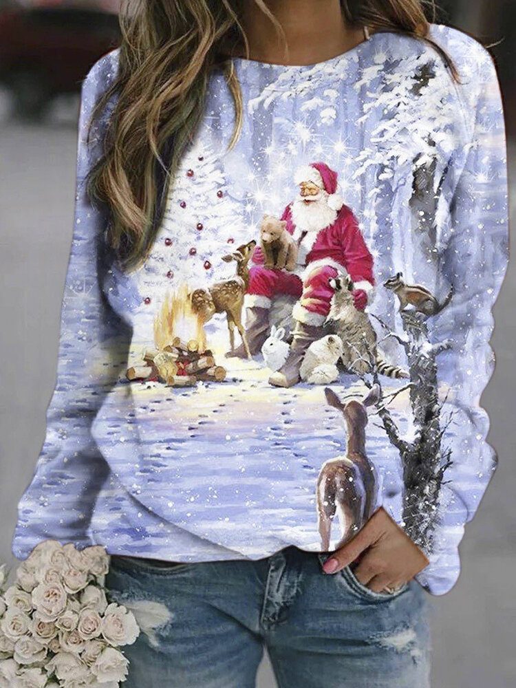 Christmas Dame Santa Printed Pullover Langermet Søte Sweatshirts