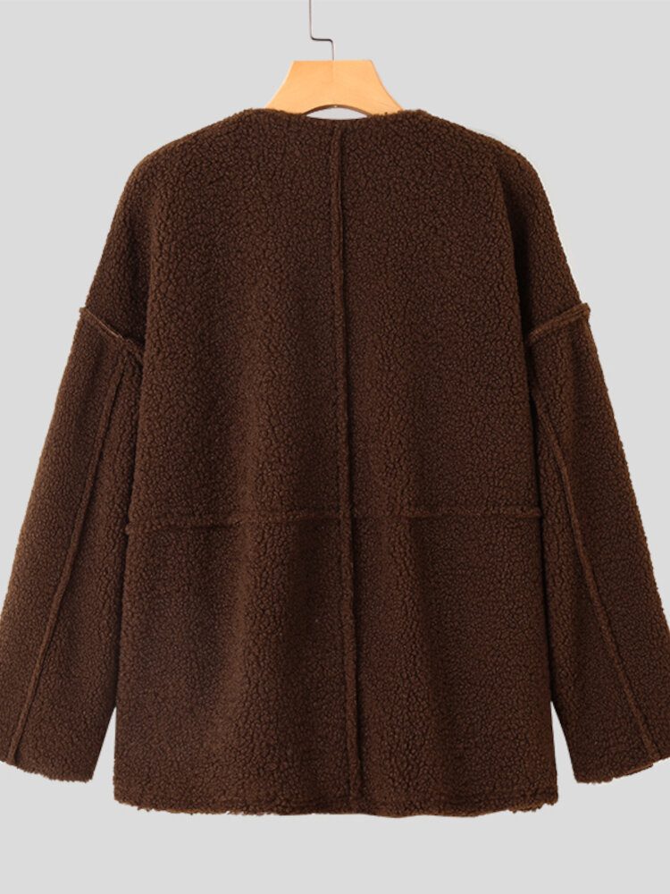 Dame Solid Tykk Plysj Glidelås Up Crew Neck Hettegenser Med Sidelommer