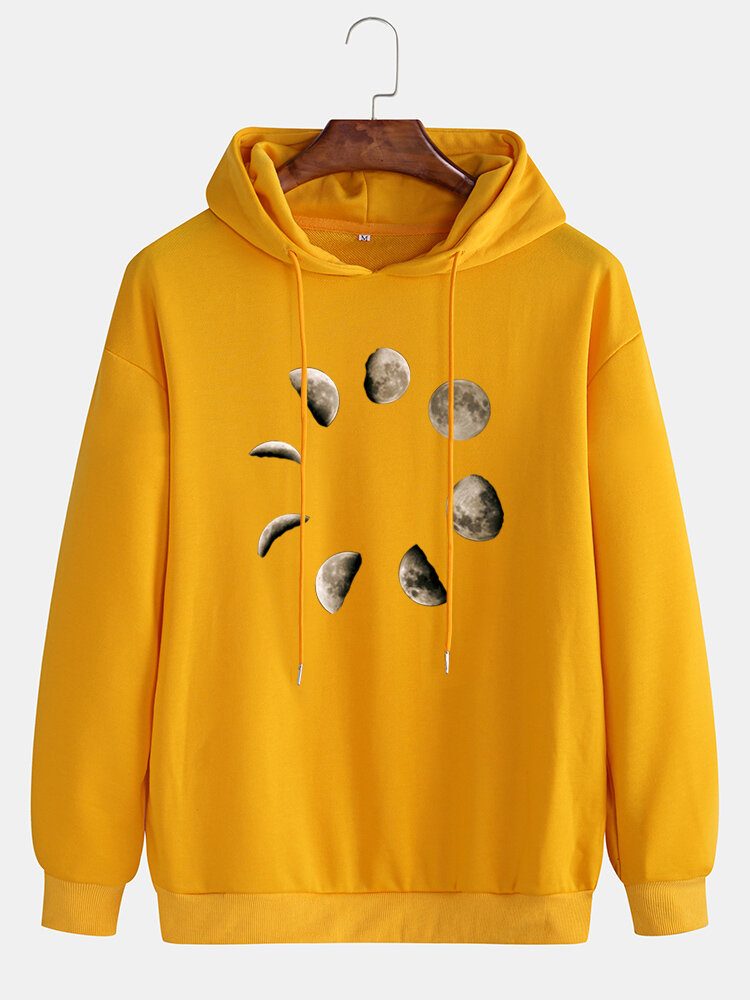 Herre Måne Grafisk Brysttrykk Uformell Snøring Løs Hettegenser