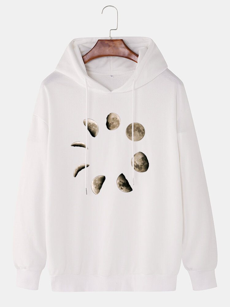 Herre Måne Grafisk Brysttrykk Uformell Snøring Løs Hettegenser