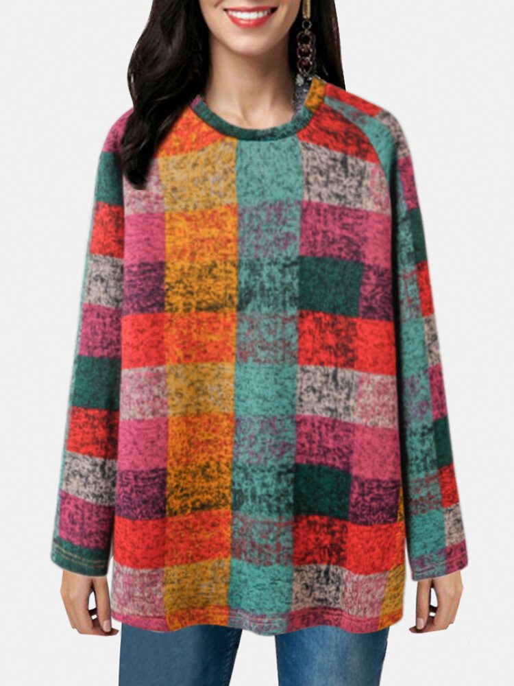 Kvinner Color Block Rundhals Raglan Sleeve Vintage Casual Sweatshirts