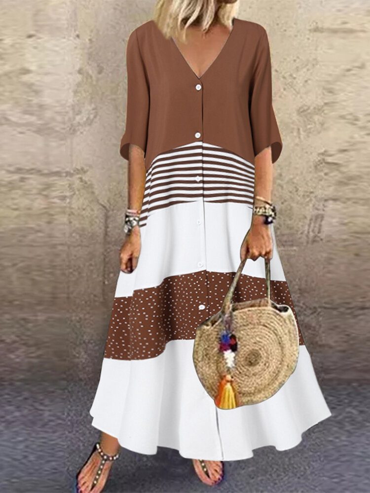 Bohemian Polka Dot Stripe Kontrast Fargetrykk Patchwork Holiday Maxi Dress