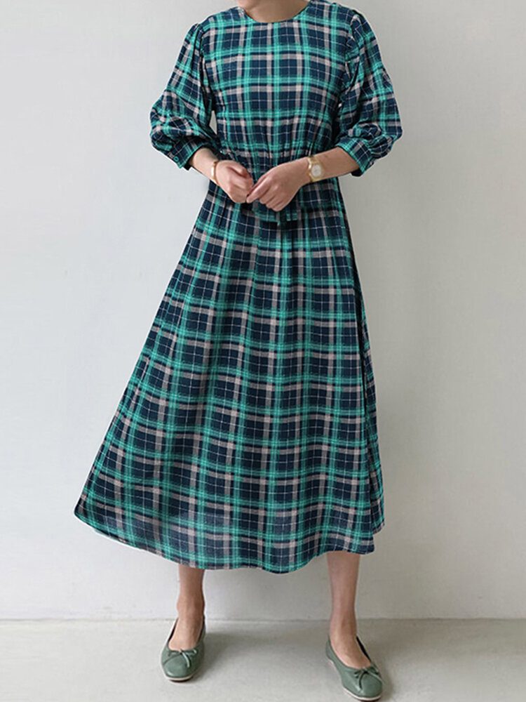 Dame Rutete Rundhals Halv Puffermer Casual Maxi Kjoler