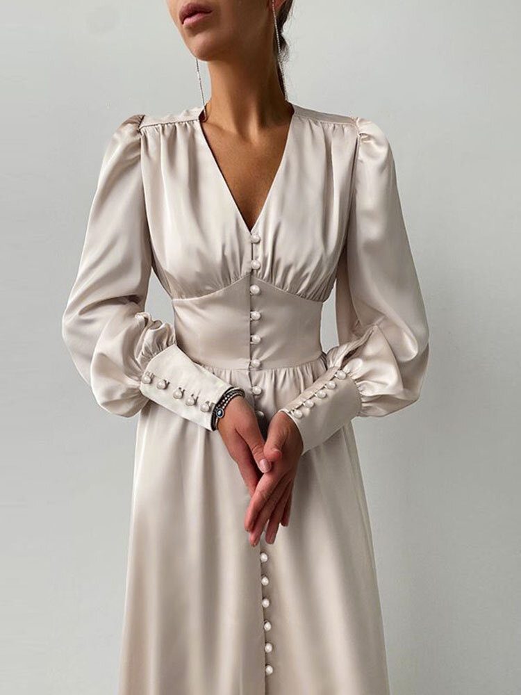 Dame Satin Button Up V-hals Langermet Elegante Maxikjoler
