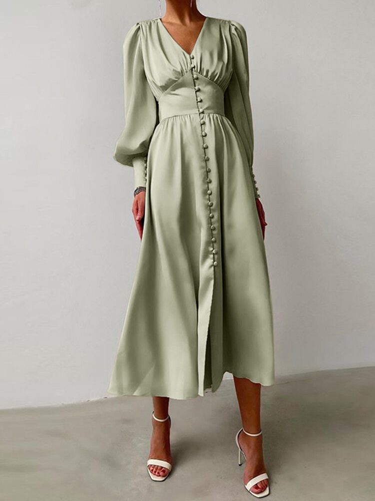 Dame Satin Button Up V-hals Langermet Elegante Maxikjoler