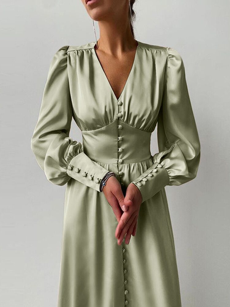 Dame Satin Button Up V-hals Langermet Elegante Maxikjoler