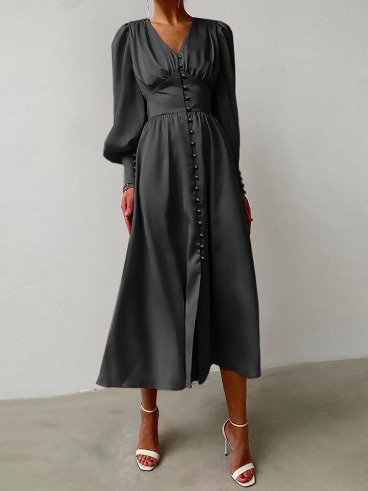 Dame Satin Button Up V-hals Langermet Elegante Maxikjoler