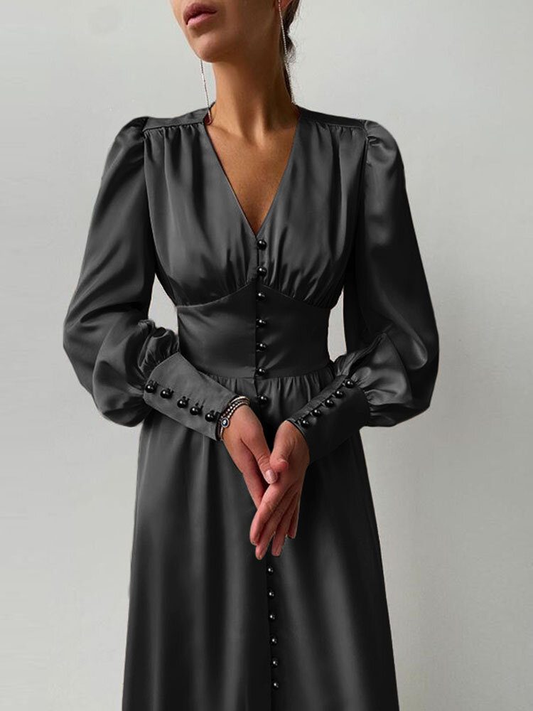 Dame Satin Button Up V-hals Langermet Elegante Maxikjoler