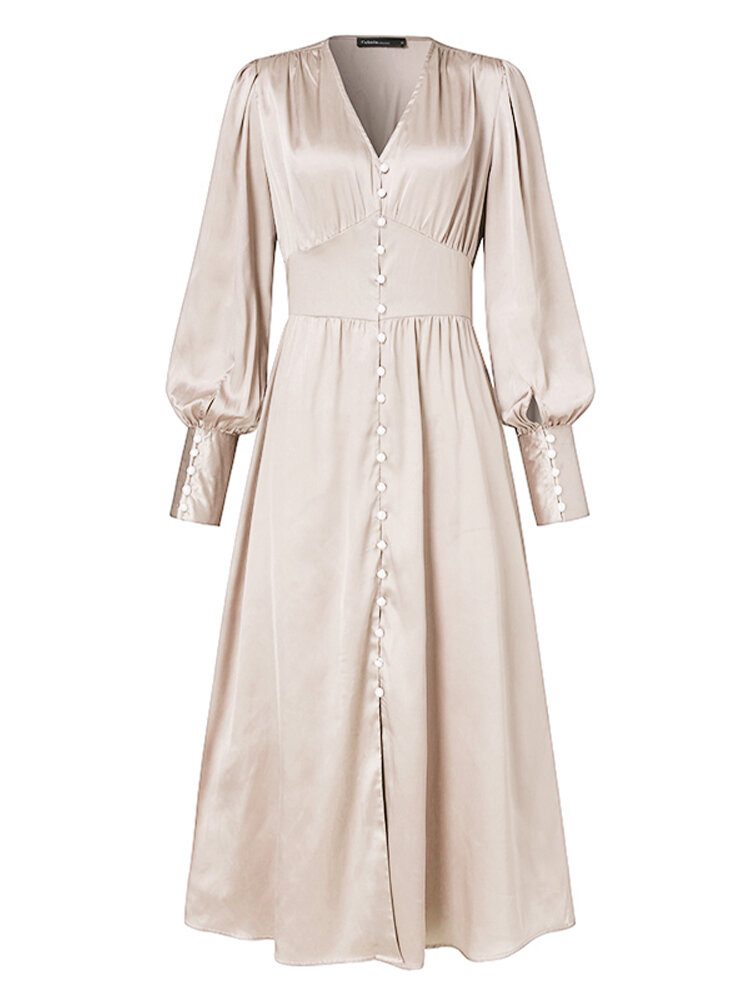 Dame Satin Button Up V-hals Langermet Elegante Maxikjoler