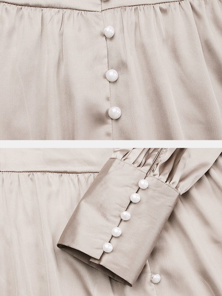 Dame Satin Button Up V-hals Langermet Elegante Maxikjoler