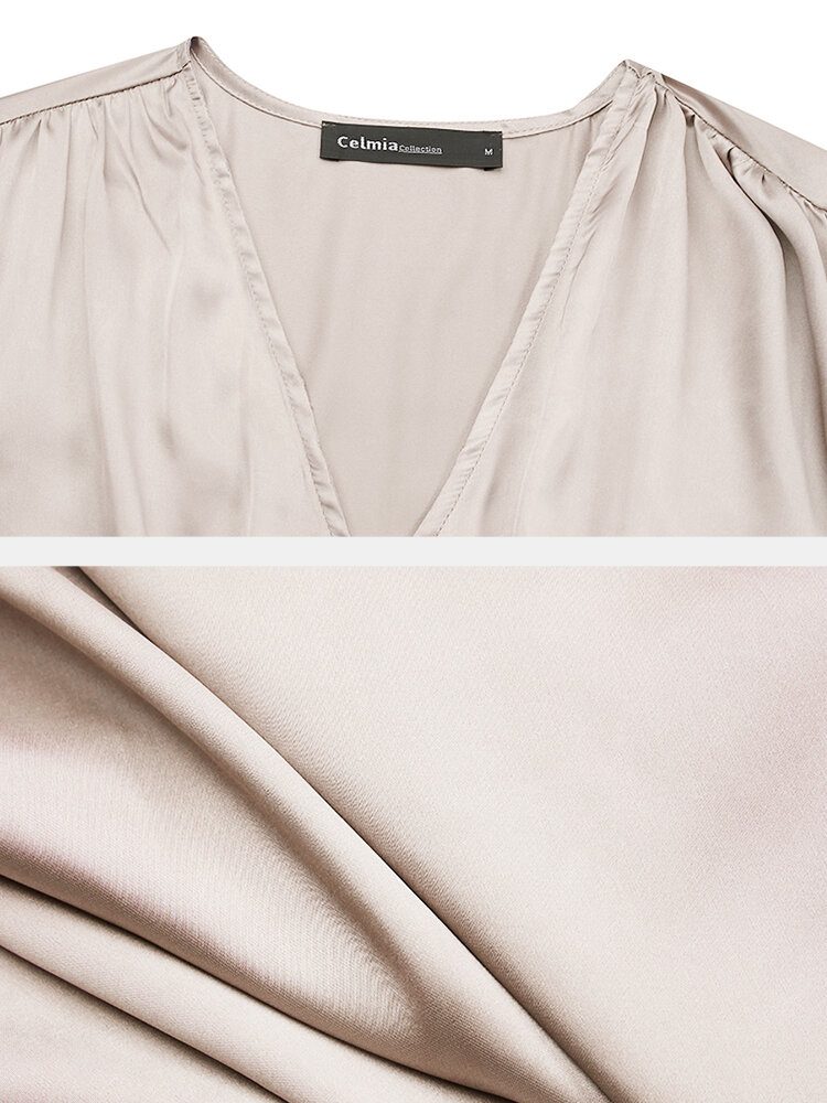 Dame Satin Button Up V-hals Langermet Elegante Maxikjoler