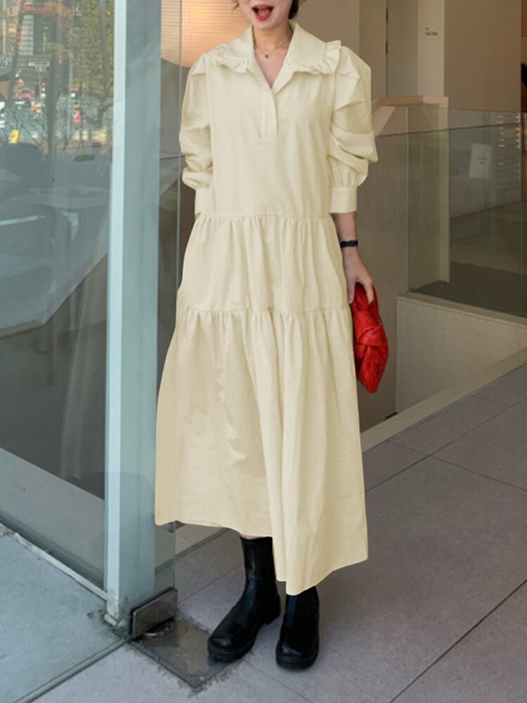 Dame Solid Tiered Doll Krage Langermet Casual Maxi Kjoler
