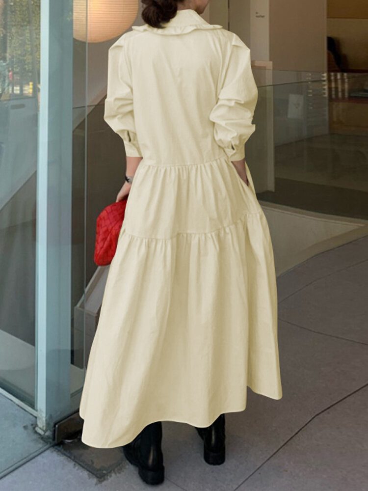 Dame Solid Tiered Doll Krage Langermet Casual Maxi Kjoler