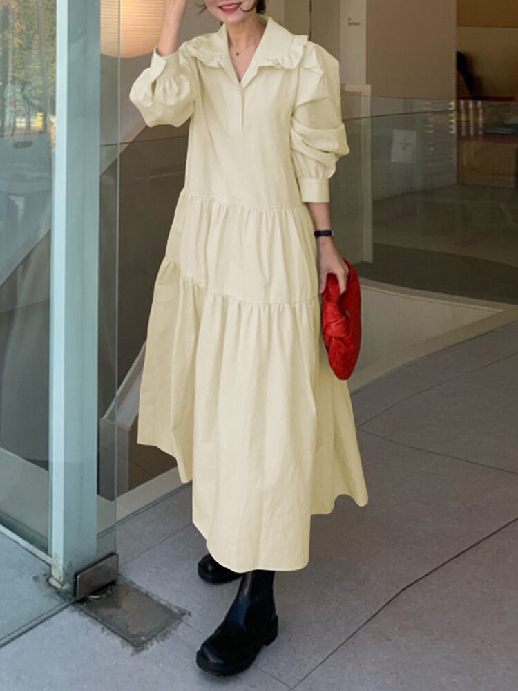 Dame Solid Tiered Doll Krage Langermet Casual Maxi Kjoler