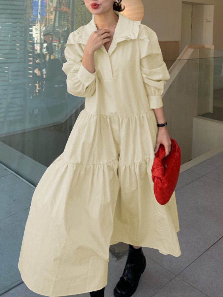 Dame Solid Tiered Doll Krage Langermet Casual Maxi Kjoler
