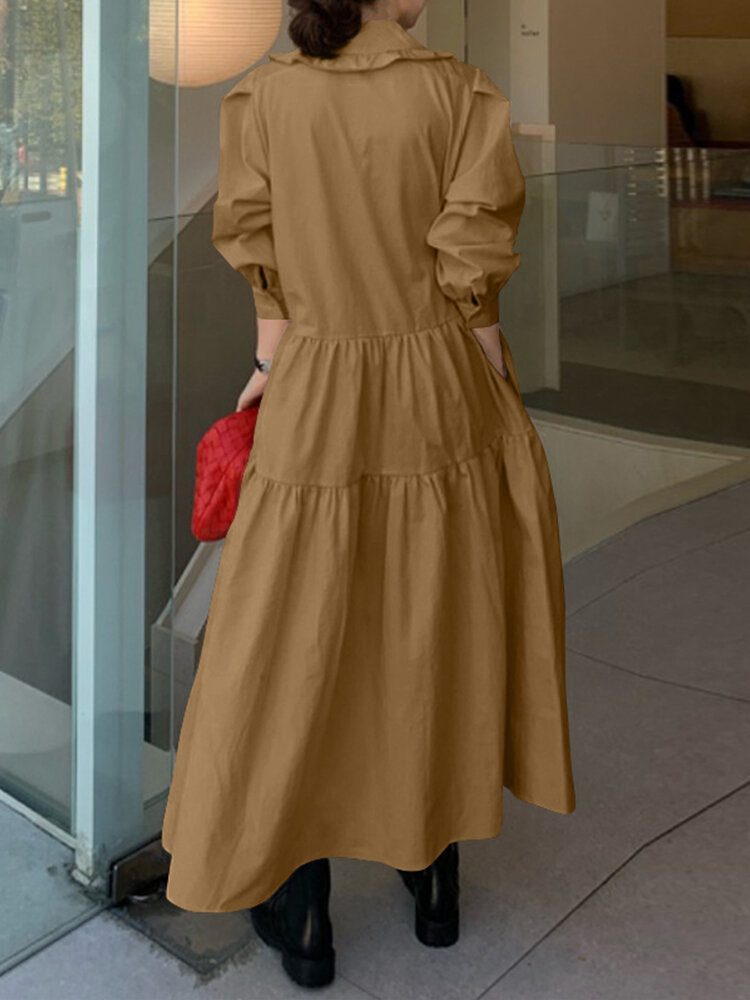 Dame Solid Tiered Doll Krage Langermet Casual Maxi Kjoler