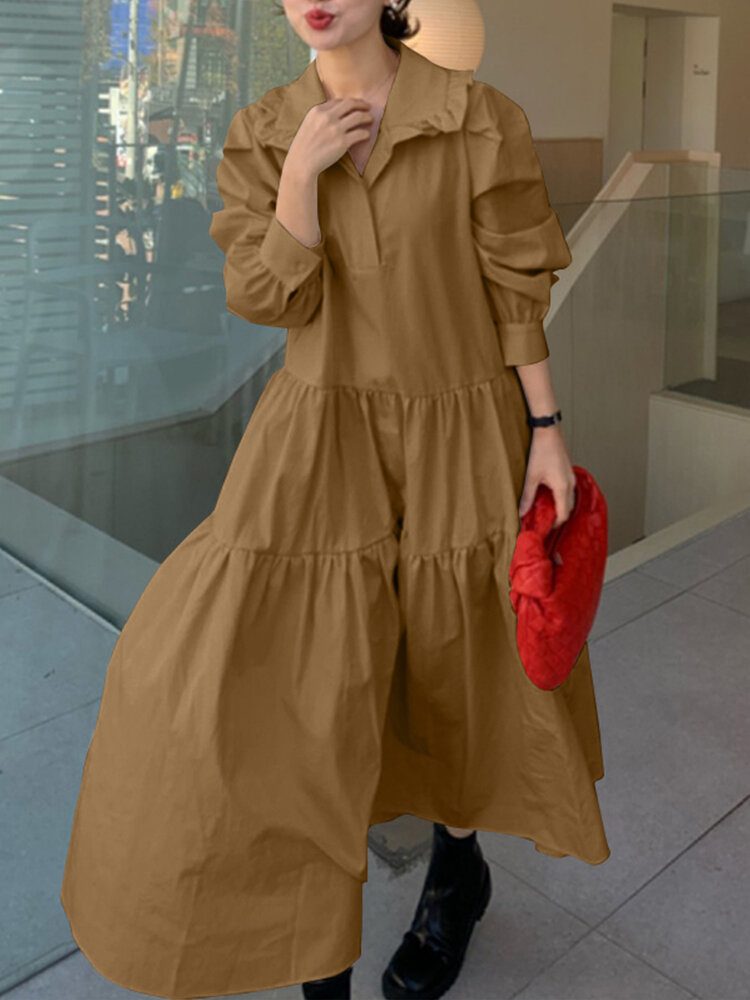 Dame Solid Tiered Doll Krage Langermet Casual Maxi Kjoler