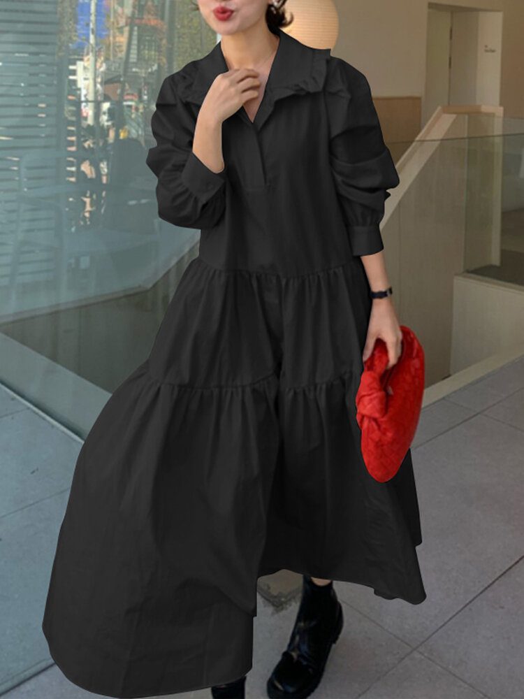 Dame Solid Tiered Doll Krage Langermet Casual Maxi Kjoler