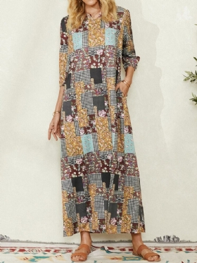 Kvinner Colorblock Floral Plaid Print Vintage Maxikjole Med Lomme