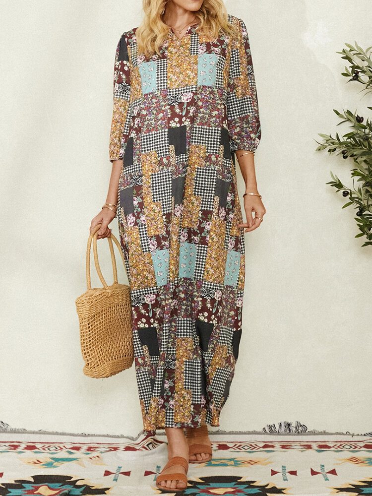Kvinner Colorblock Floral Plaid Print Vintage Maxikjole Med Lomme