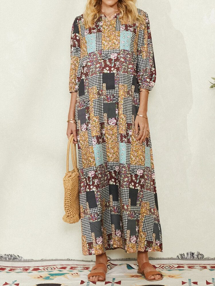 Kvinner Colorblock Floral Plaid Print Vintage Maxikjole Med Lomme
