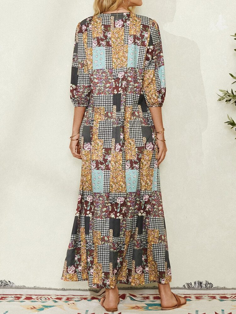 Kvinner Colorblock Floral Plaid Print Vintage Maxikjole Med Lomme