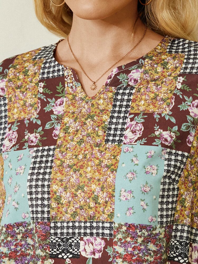 Kvinner Colorblock Floral Plaid Print Vintage Maxikjole Med Lomme