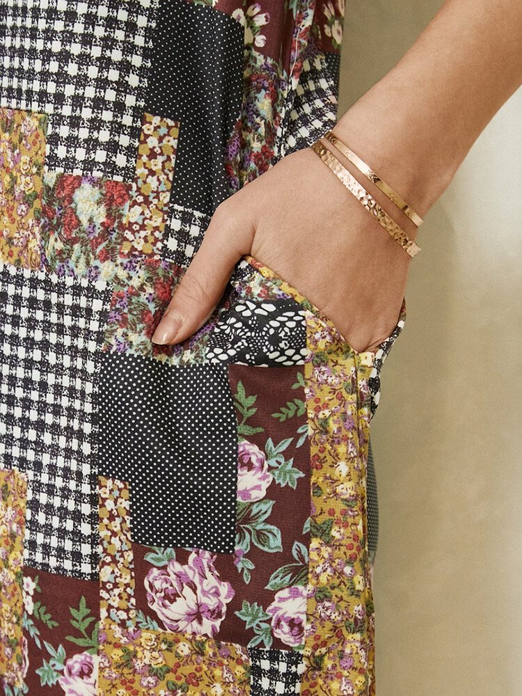 Kvinner Colorblock Floral Plaid Print Vintage Maxikjole Med Lomme