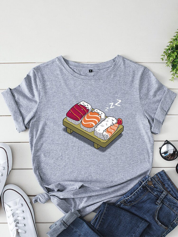 Kvinner Cartoon Sleeping Sushi Print O-hals Kortermet Fritids T-skjorte