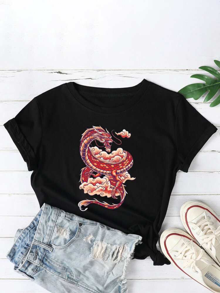 Kvinner Oriental Dragon Graphics U-hals Uformelle T-skjorter Med Korte Ermer