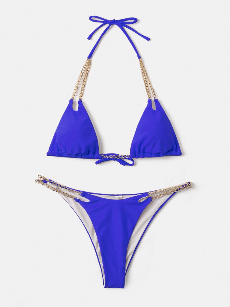Dame Triangle Halter String Solid Color Chain Bikini Backless Badetøy
